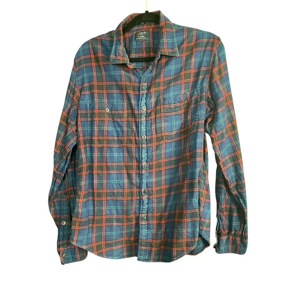 J Crew Flannel Shirt Slim Pockets Cotton Plaid Blue Green Red L Grunge Unisex